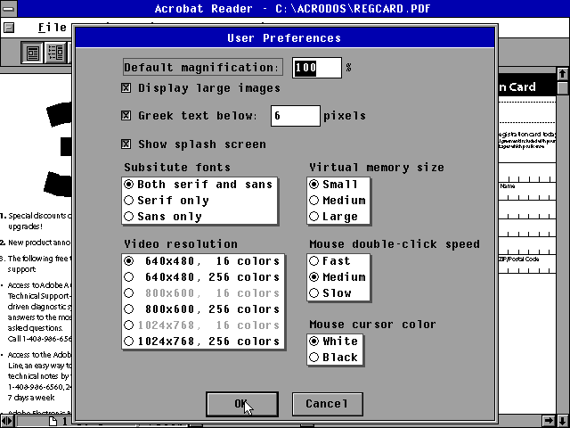 Acrobat Reader 1.0 for DOS - Options